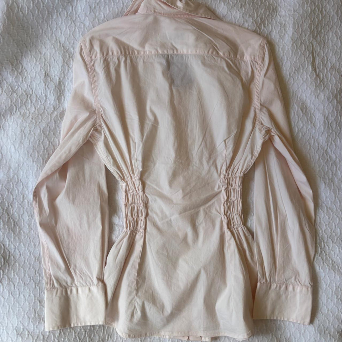 handmade reworked light pink pinstripe shirred long sleeve shirt