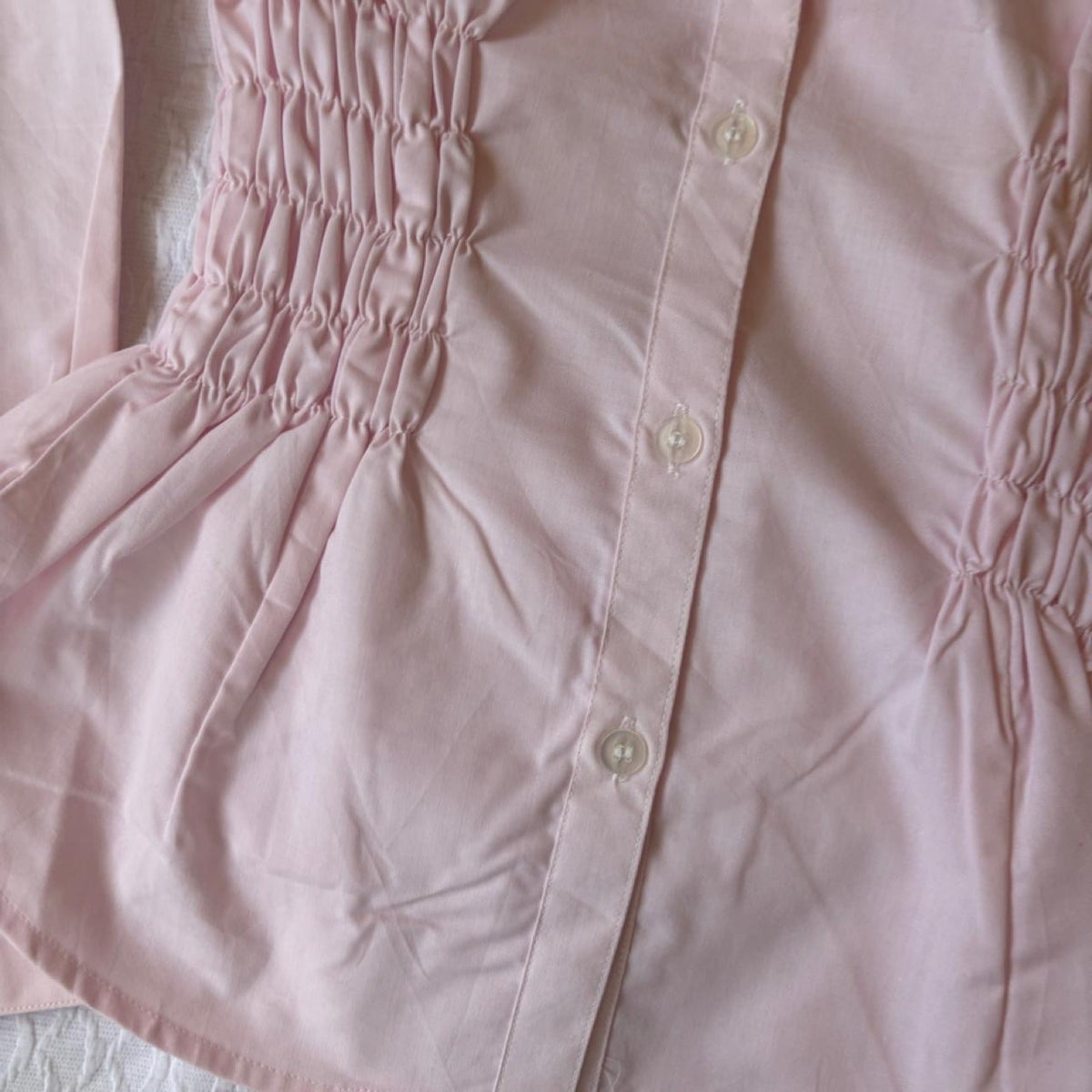 handmade reworked pink shirred long sleeve shirt