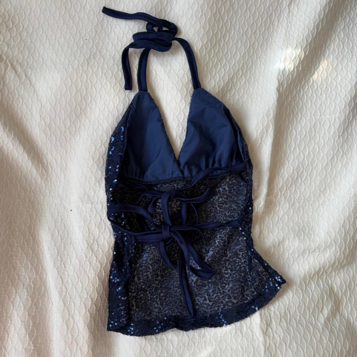 reworked y2k style sequin backless festival halter tank