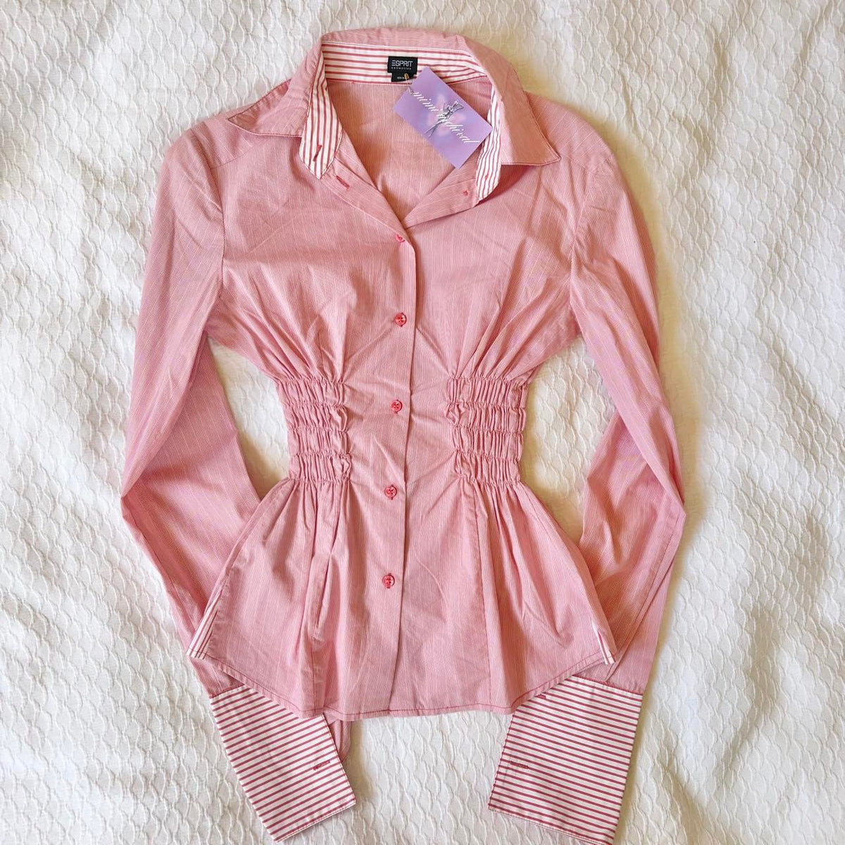 handmade reworked red white pinstripe shirred long sleeve shirt