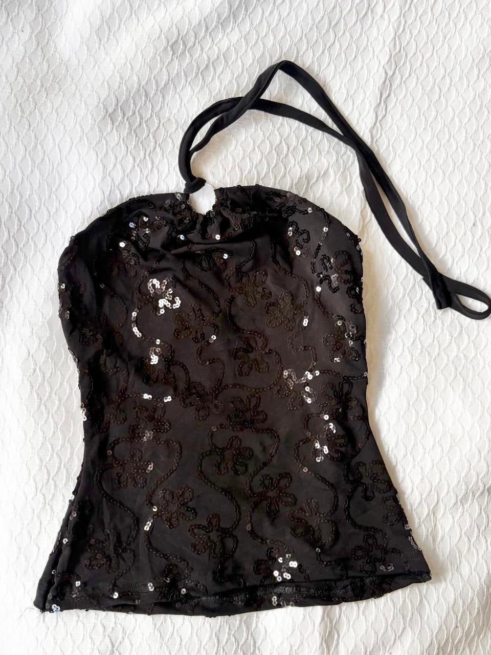 reworked y2k style sequin festival halter tank