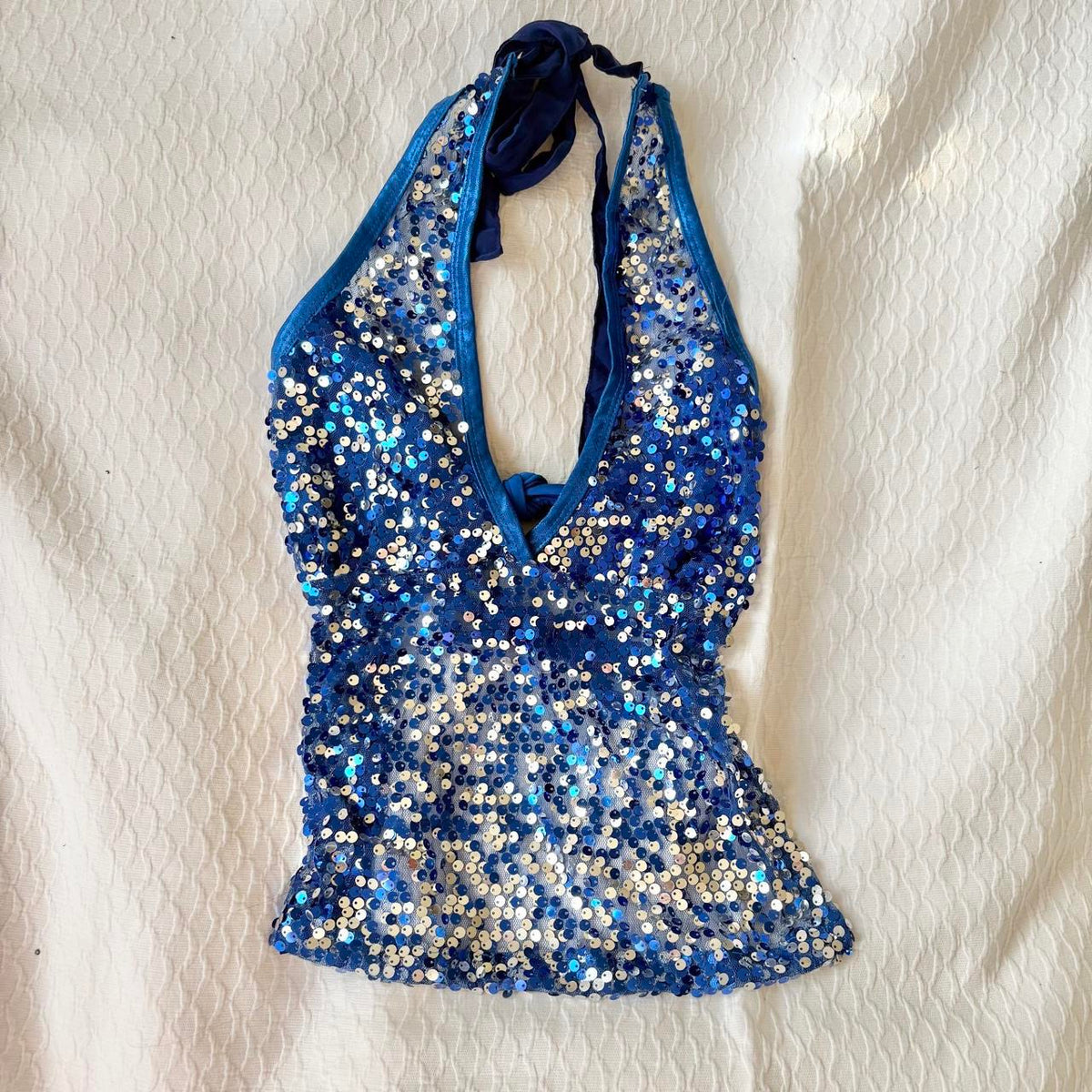 reworked y2k style sequin backless festival halter tank
