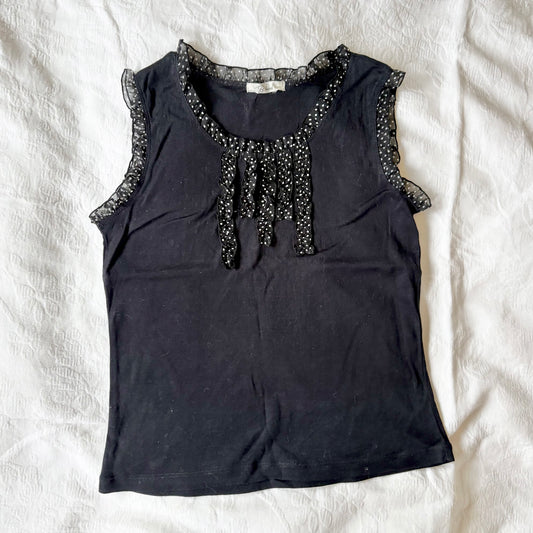 vintage 2000s y2k navy tank with polka dot trim