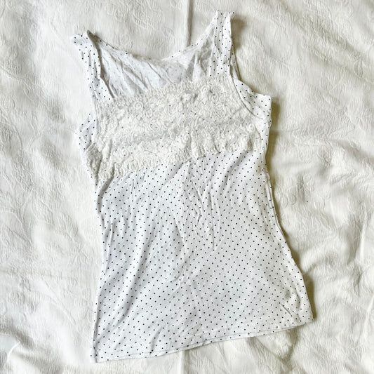 vintage 2000s y2k white polka dot lace trim tank