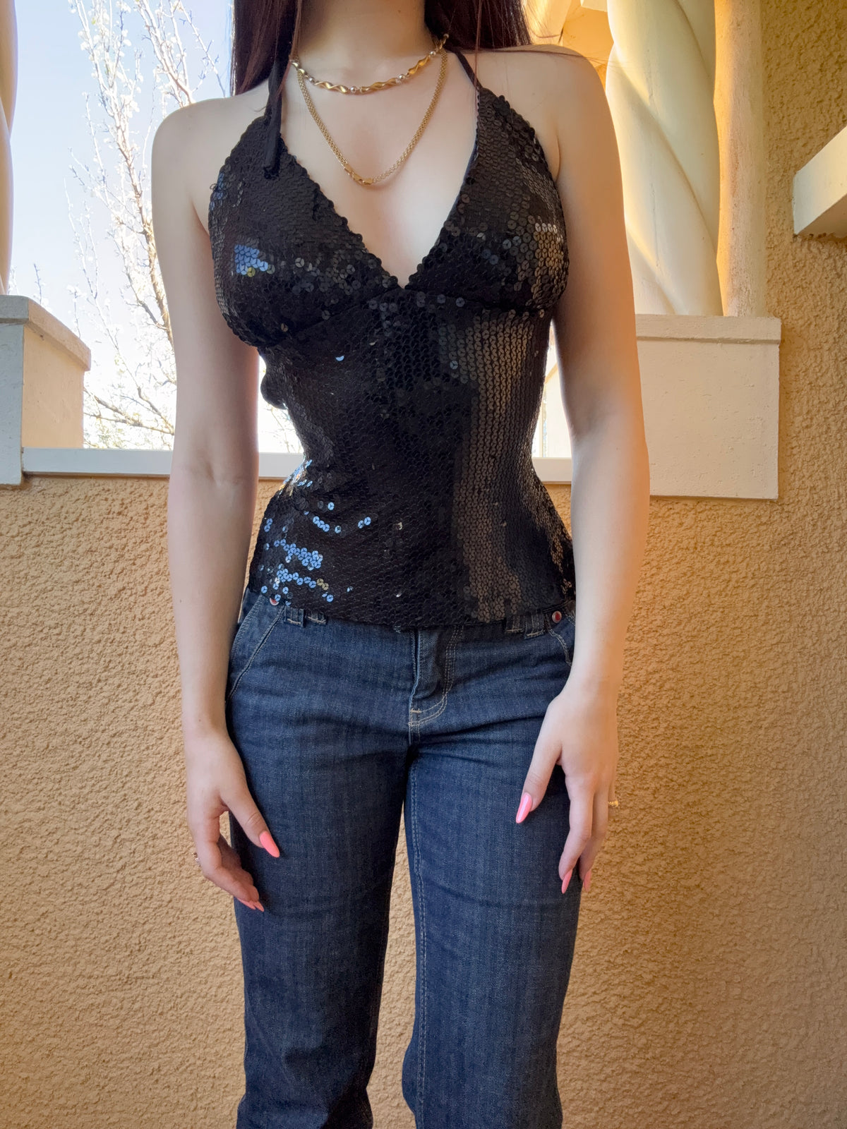 reworked y2k style sequin backless festival halter tank