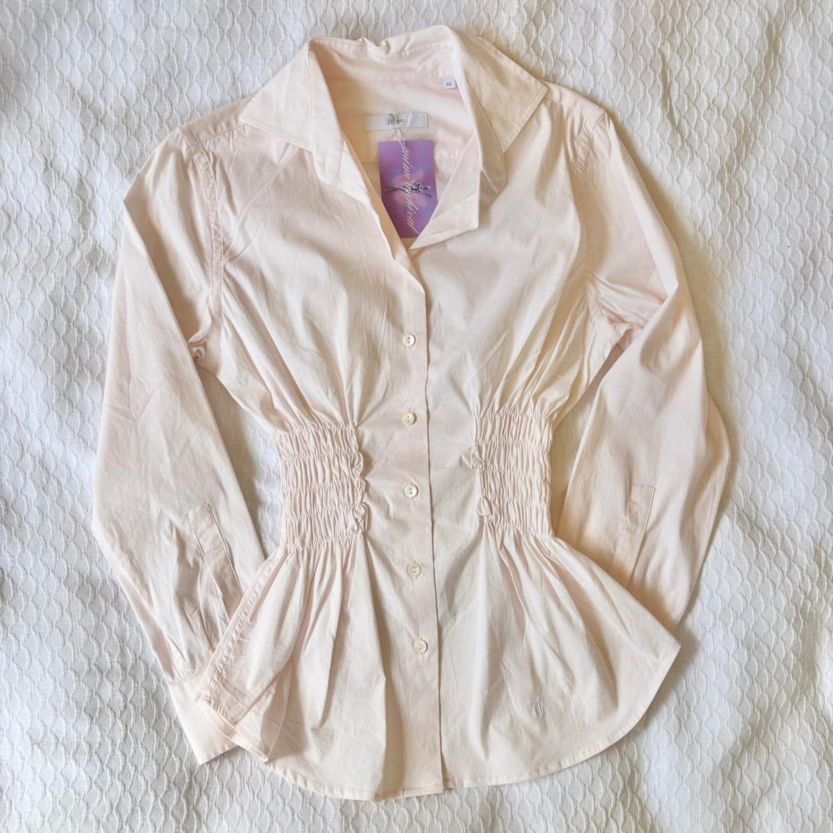 handmade reworked light pink pinstripe shirred long sleeve shirt