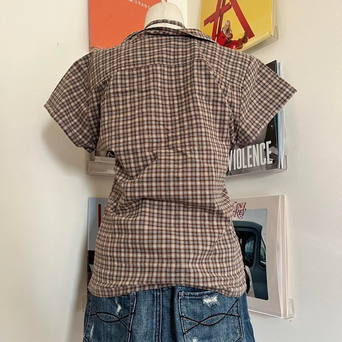 vintage handmade reworked brown plaid check collar shirt with neck tie