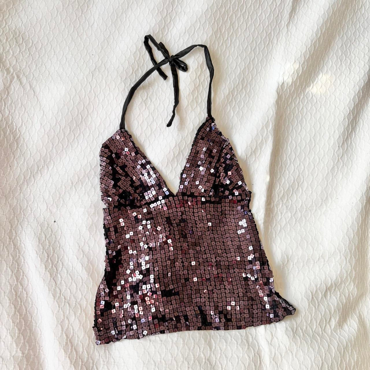 reworked y2k style sequin backless festival halter tank