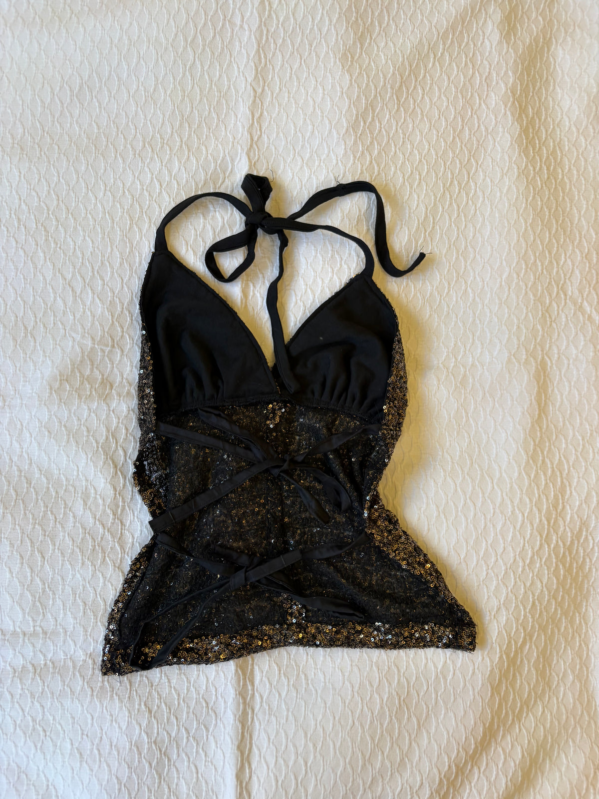 reworked y2k style sequin backless festival halter tank