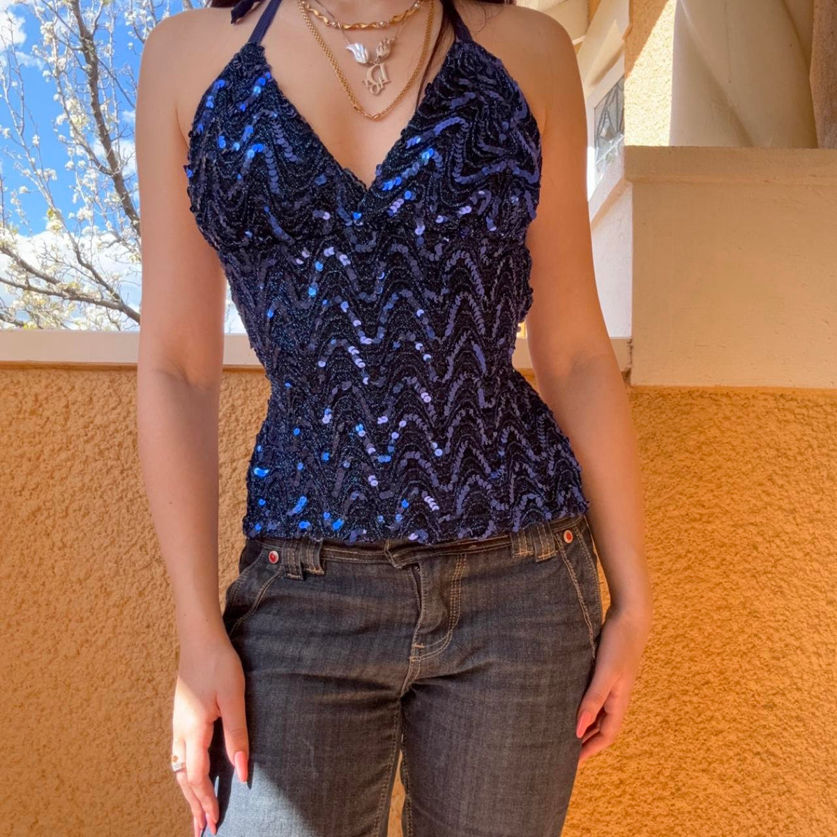 reworked y2k style sequin backless festival halter tank