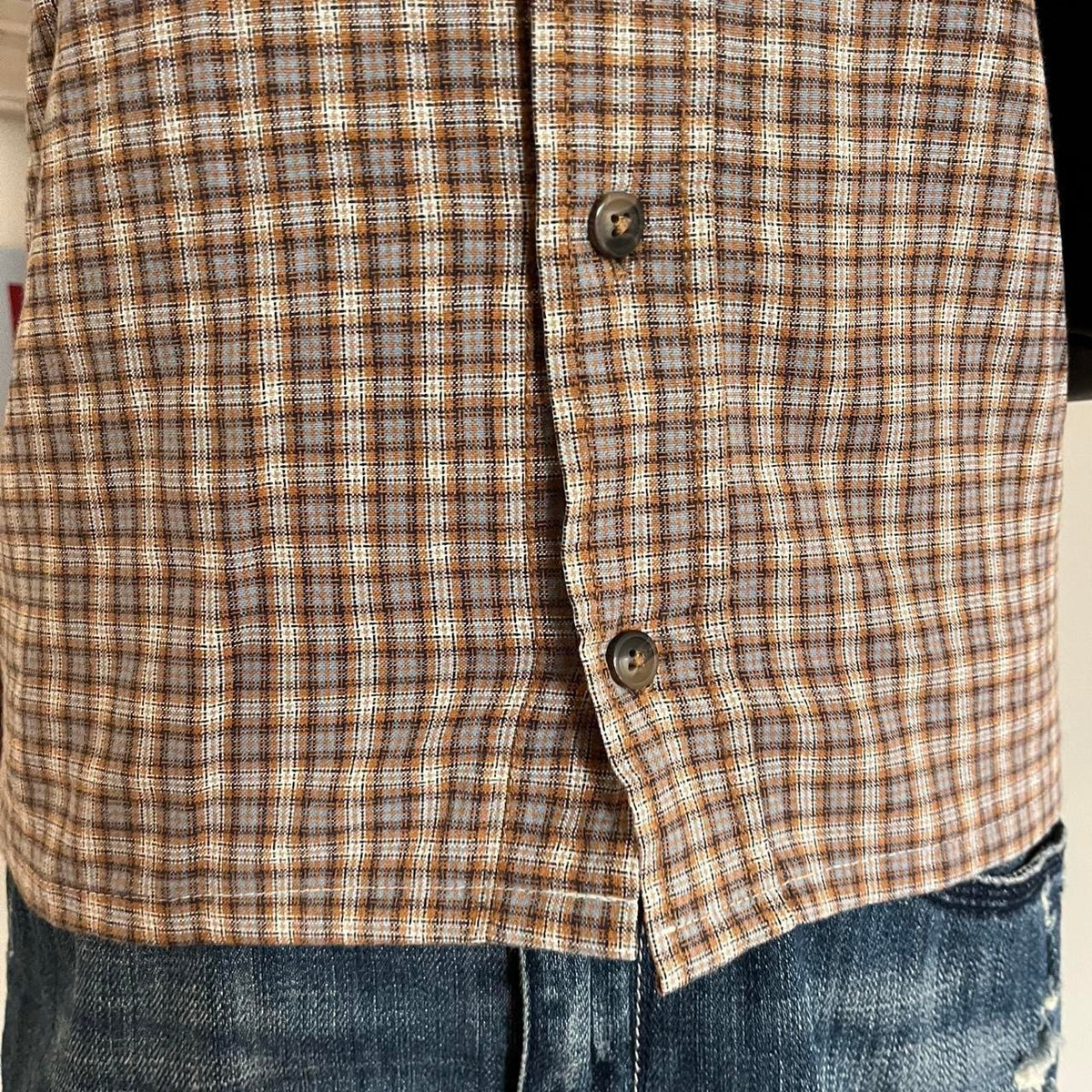 vintage handmade reworked brown plaid check collar shirt with neck tie