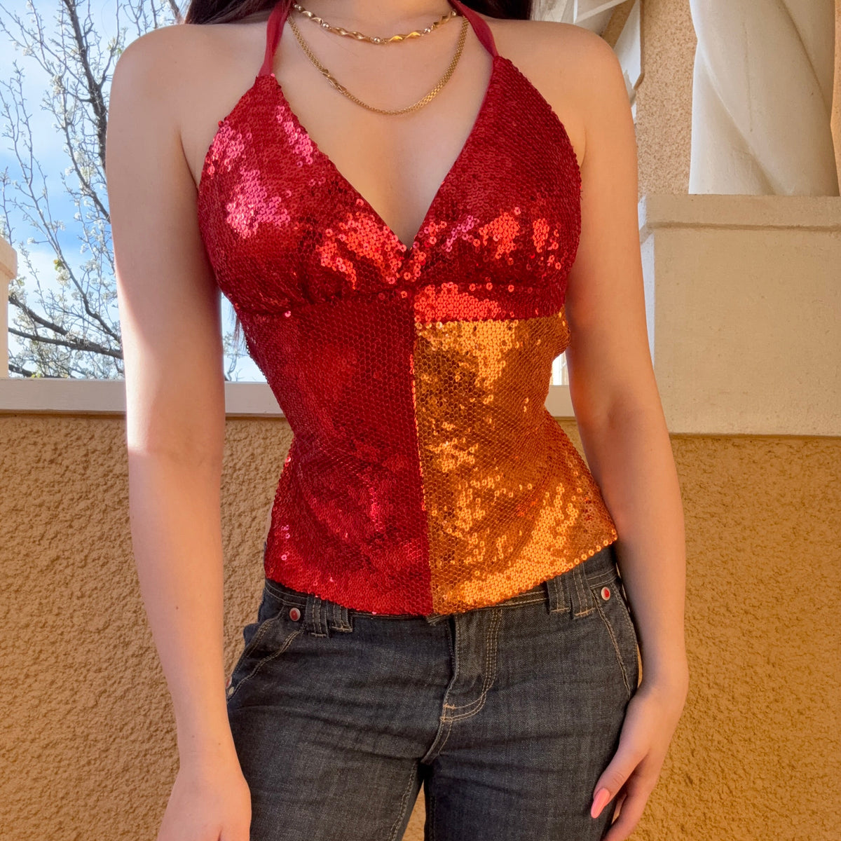 reworked y2k style sequin backless festival halter tank