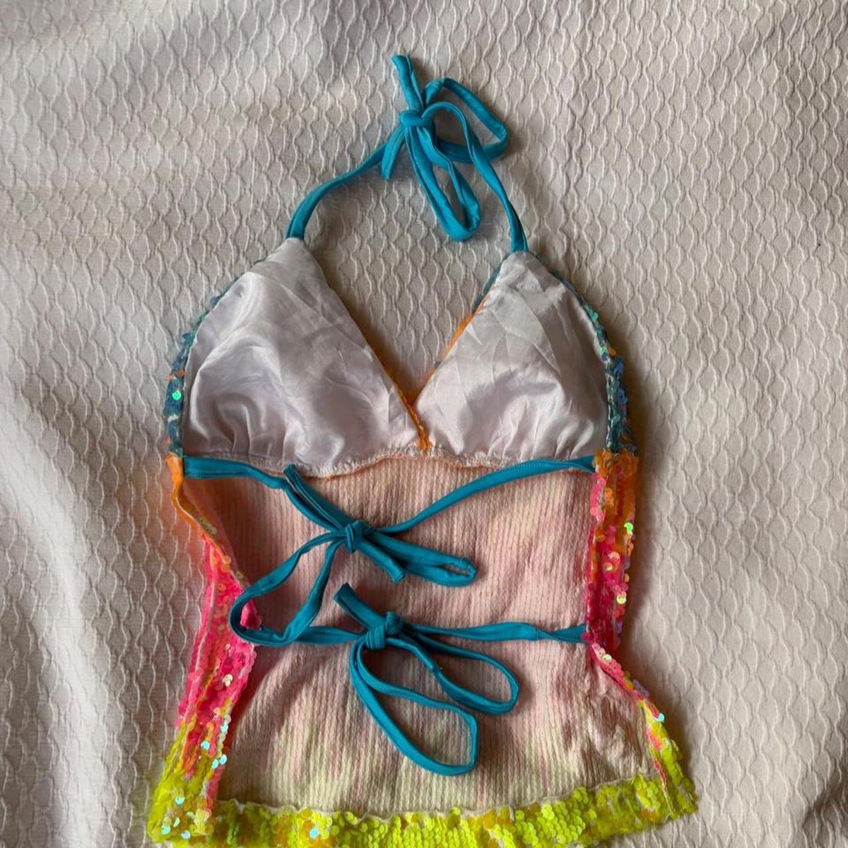 reworked y2k style sequin backless festival halter tank