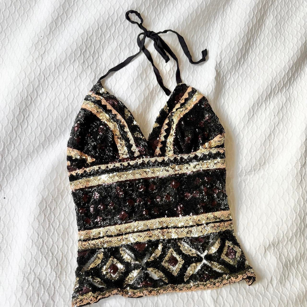 reworked y2k style sequin backless festival halter tank