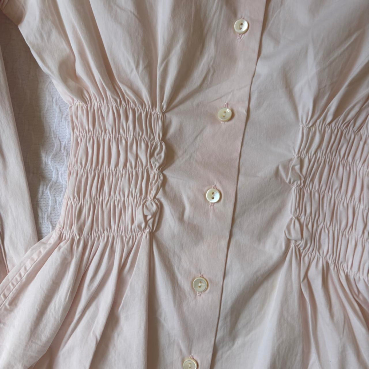 handmade reworked light pink pinstripe shirred long sleeve shirt