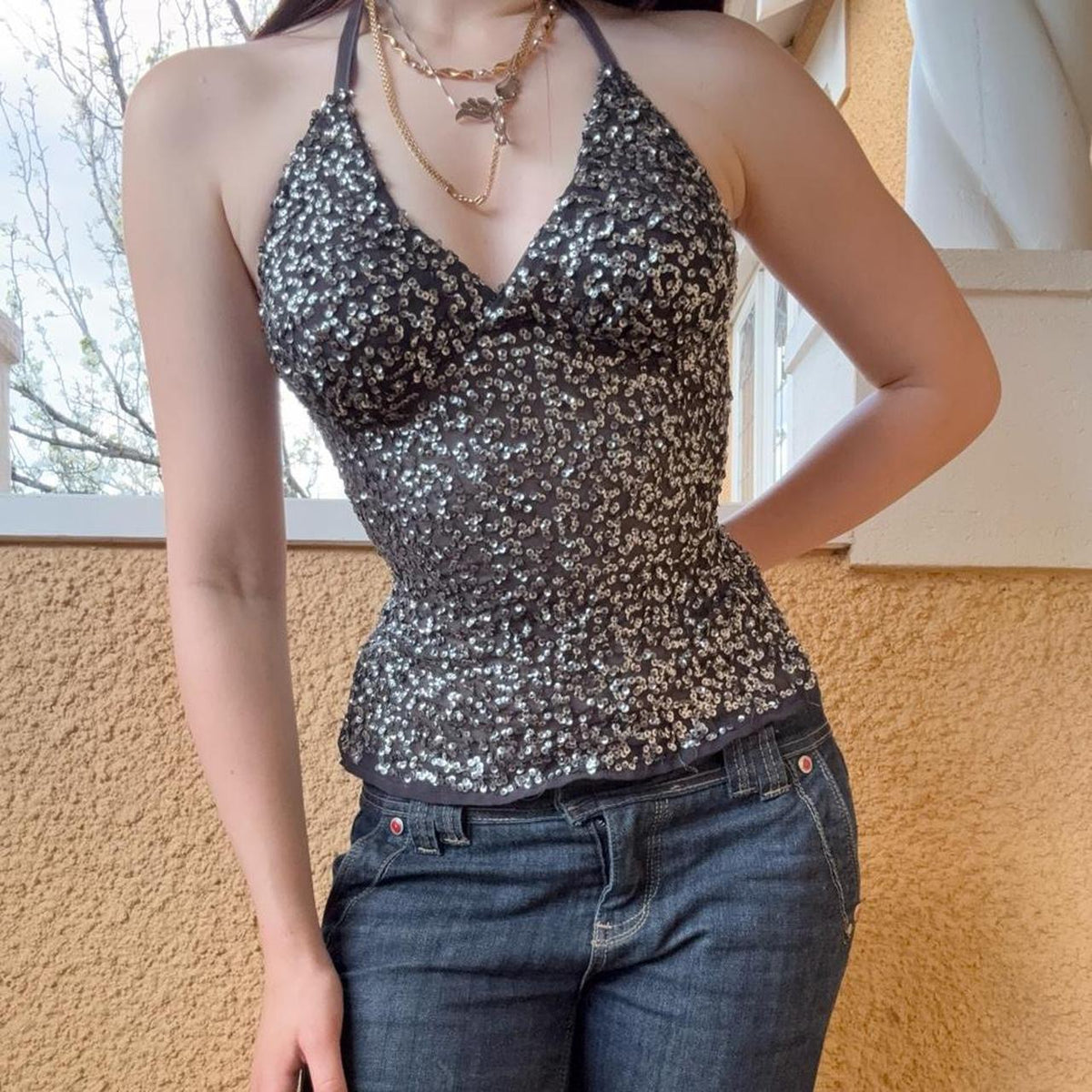 reworked y2k style sequin backless festival halter tank