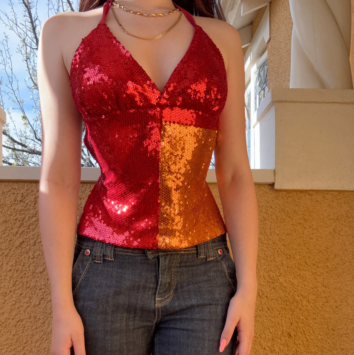 reworked y2k style sequin backless festival halter tank