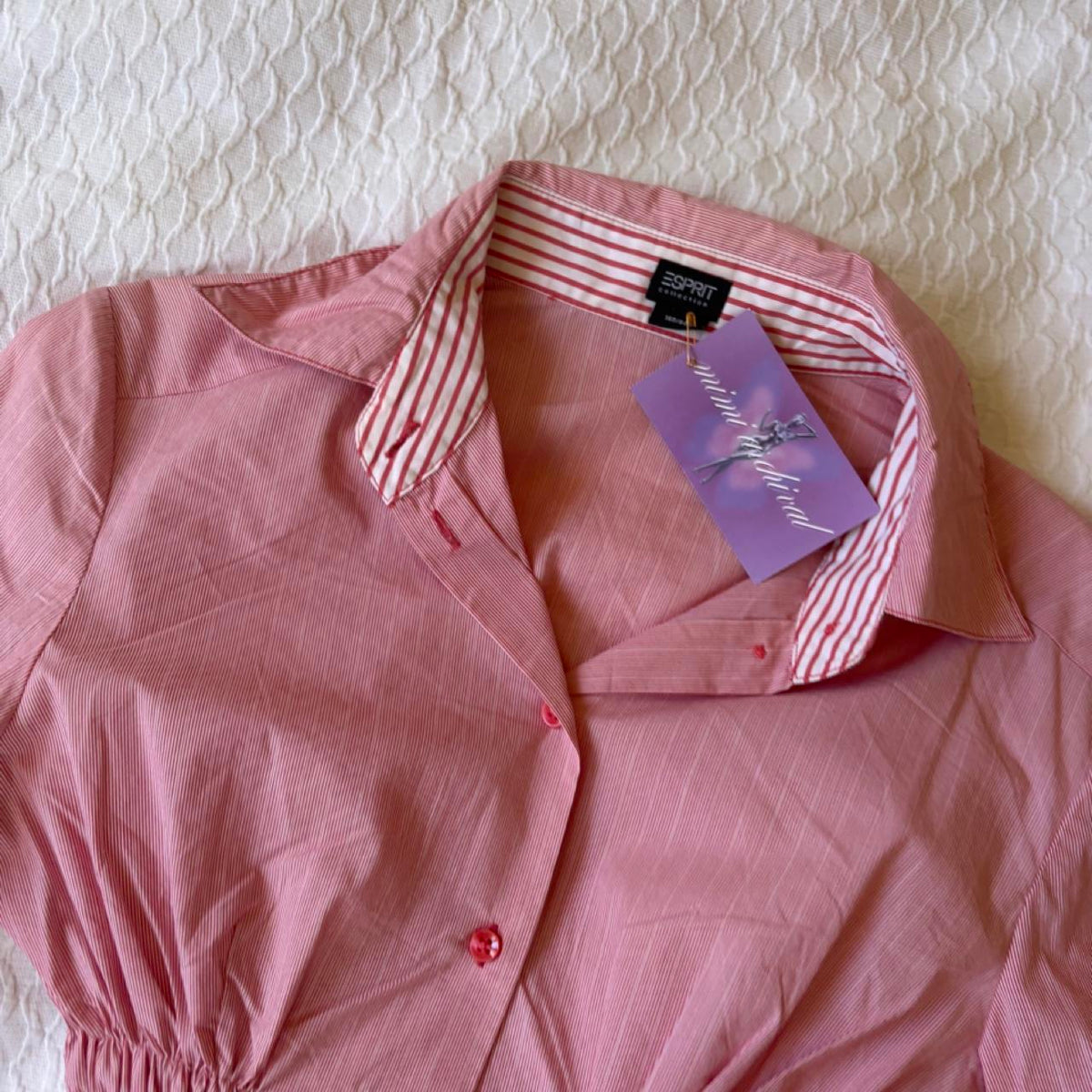 handmade reworked red white pinstripe shirred long sleeve shirt