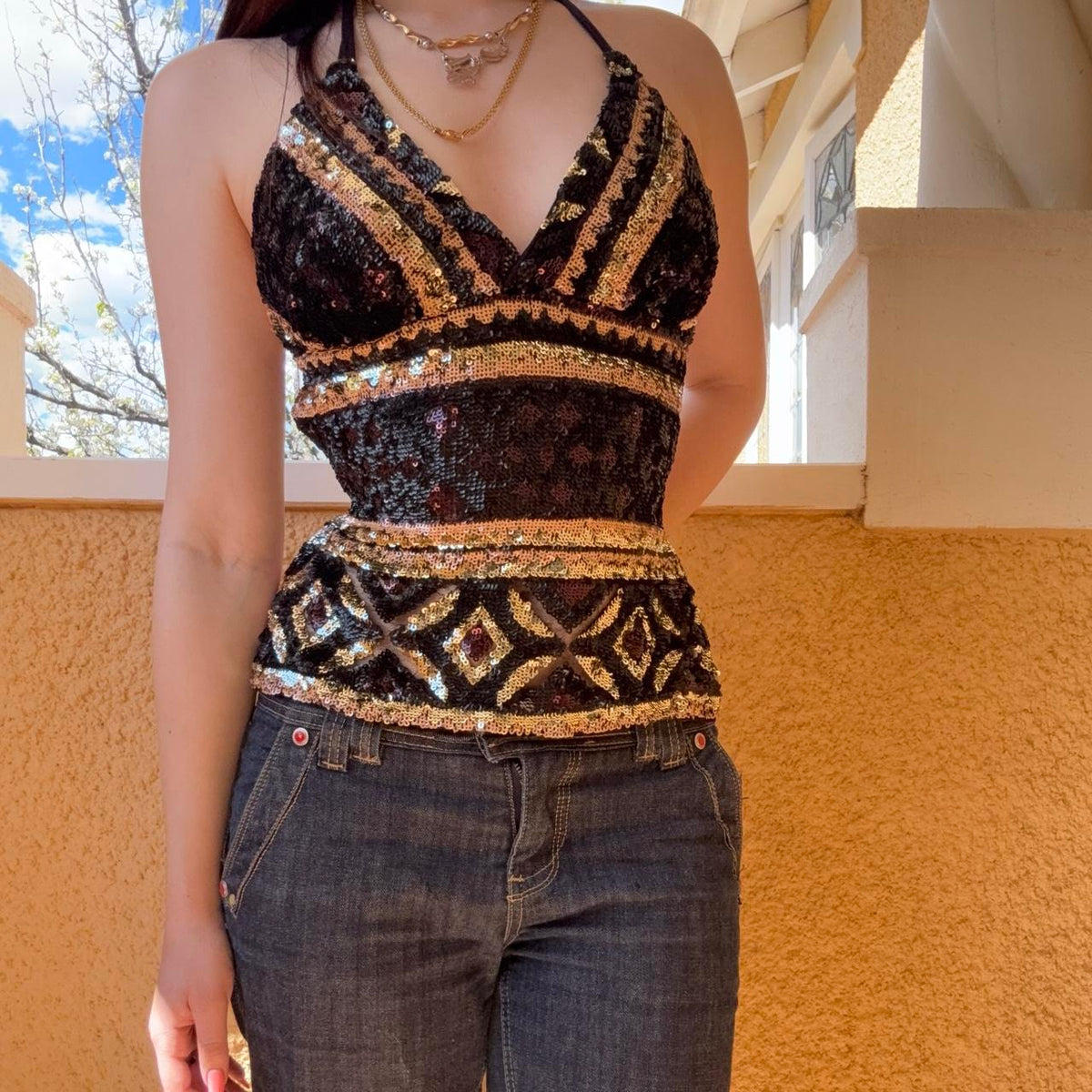 reworked y2k style sequin backless festival halter tank