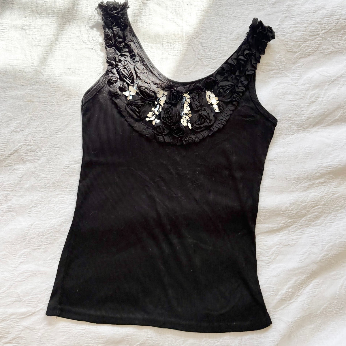 vintage 2000s y2k black floral ruffle tank