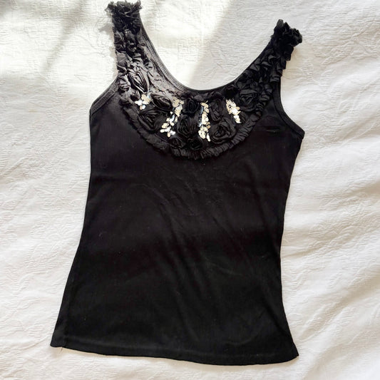 vintage 2000s y2k black floral ruffle tank