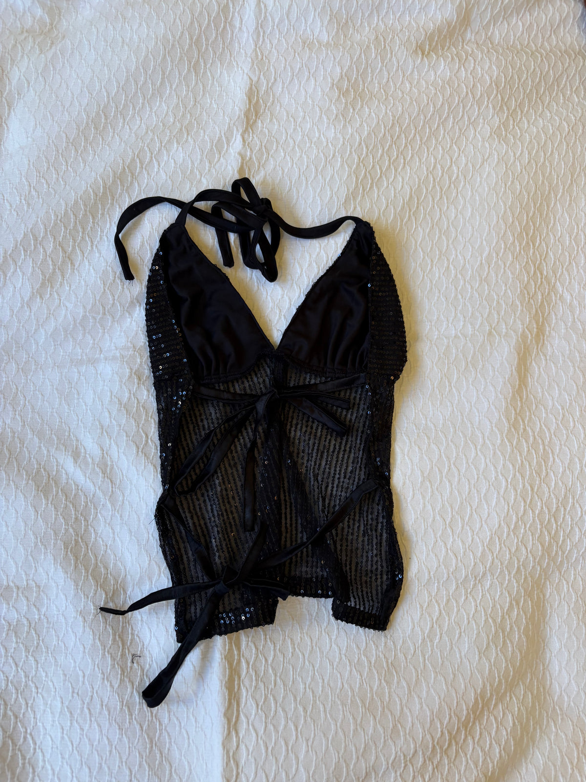 reworked y2k style sequin backless festival halter tank