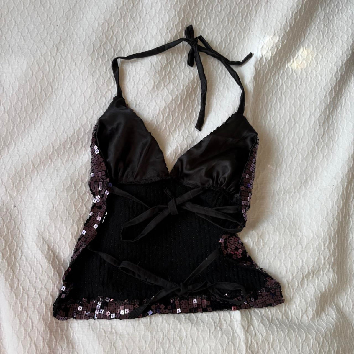 reworked y2k style sequin backless festival halter tank