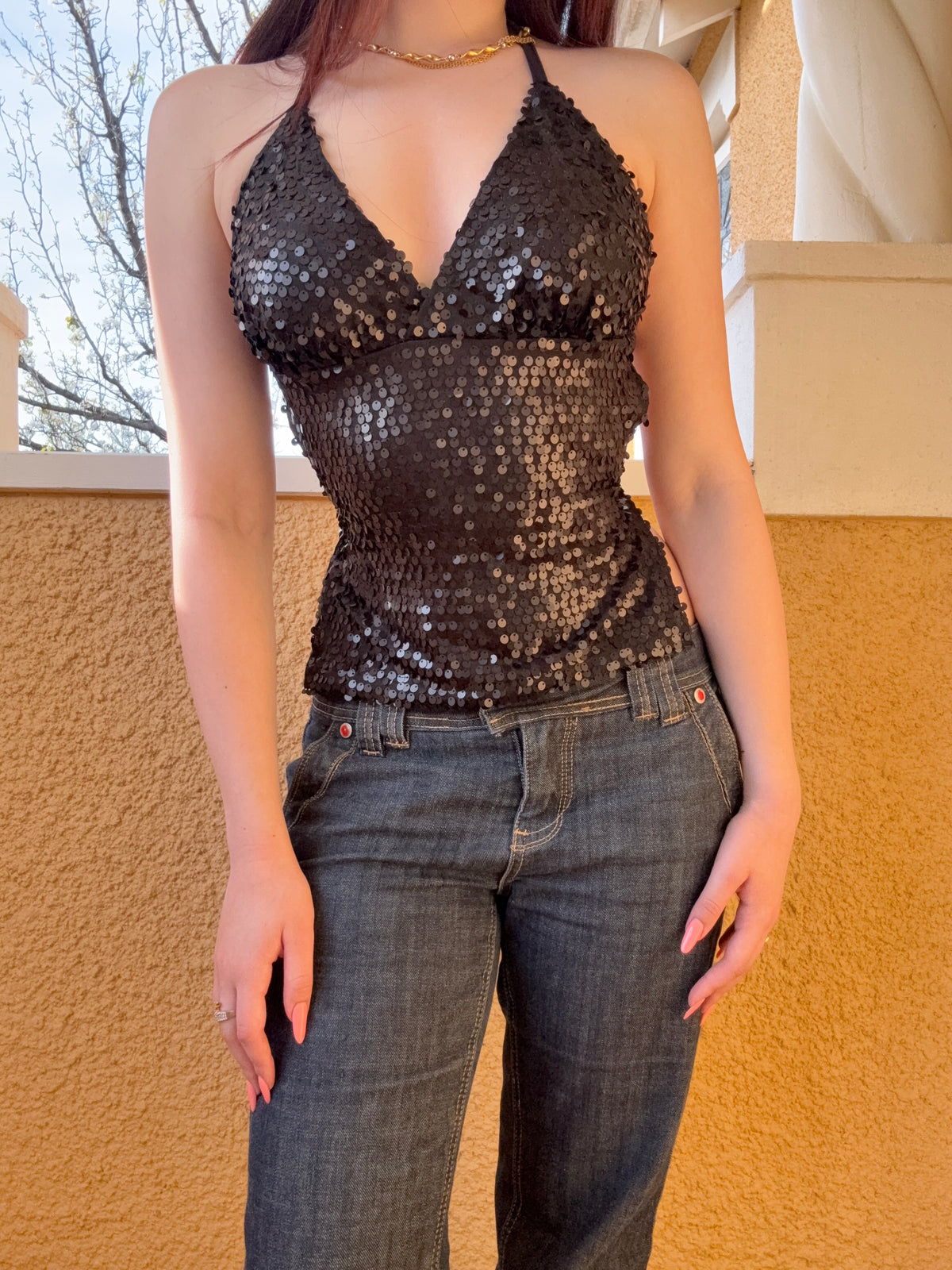 reworked y2k style sequin backless festival halter tank