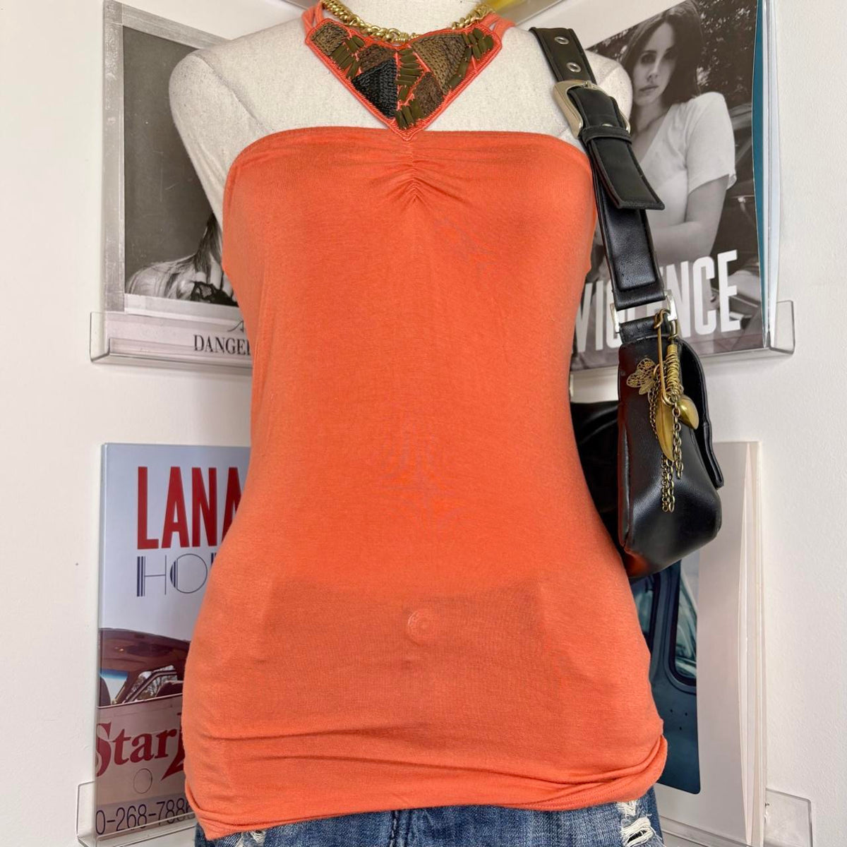vintage 2000s y2k orange beaded halter neck