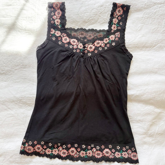 vintage 2000s y2k black floral fairycore tank