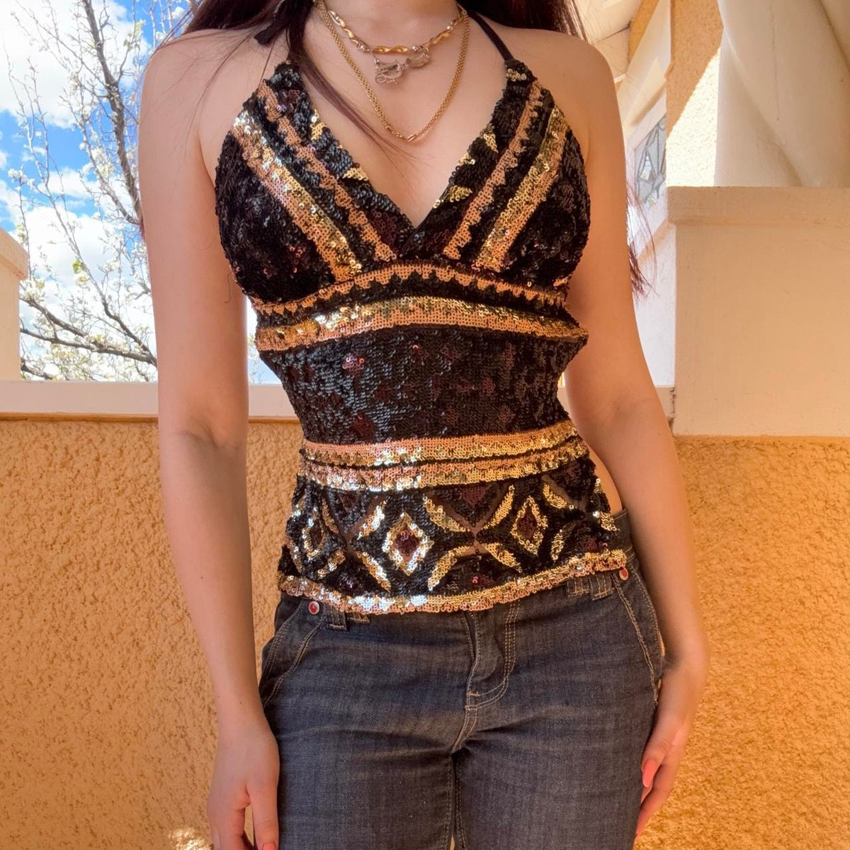 reworked y2k style sequin backless festival halter tank
