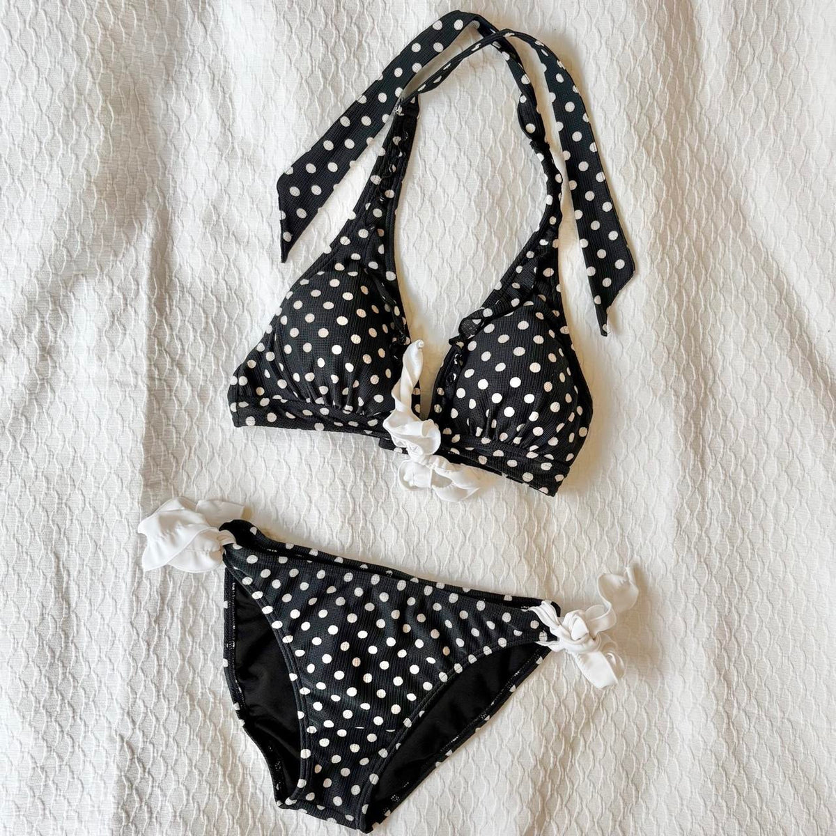 vintage 2000s y2k navy-black polka dot bikini set