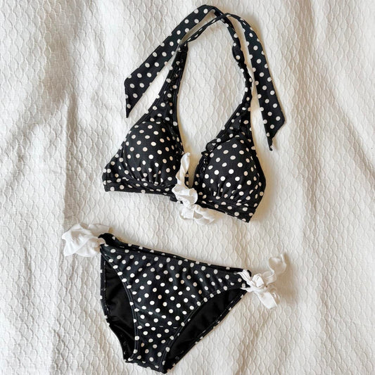vintage 2000s y2k navy-black polka dot bikini set