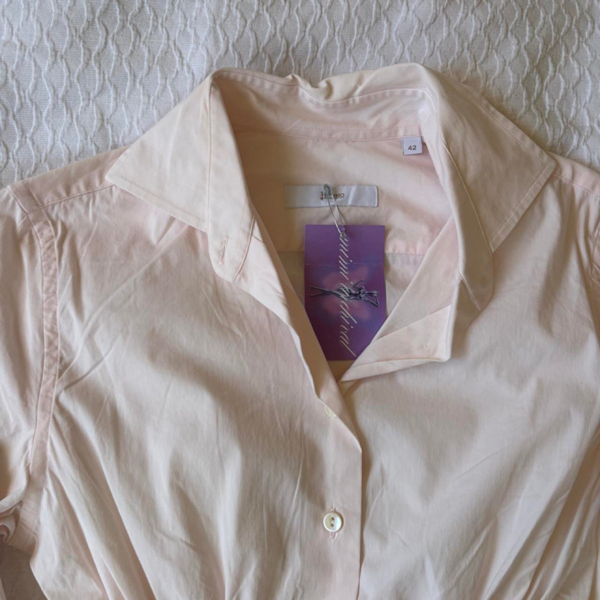 handmade reworked light pink pinstripe shirred long sleeve shirt