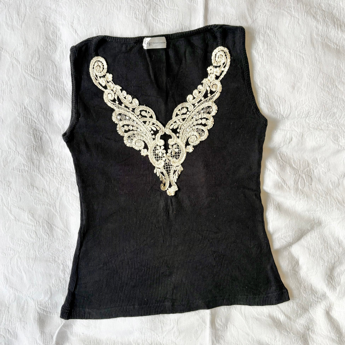 vintage 2000s y2k black gold embroidered tank