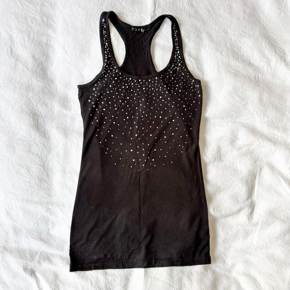 vintage 2000s y2k indie sleaze black diamanté tank