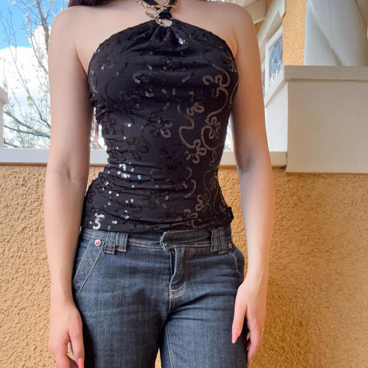 reworked y2k style sequin festival halter tank