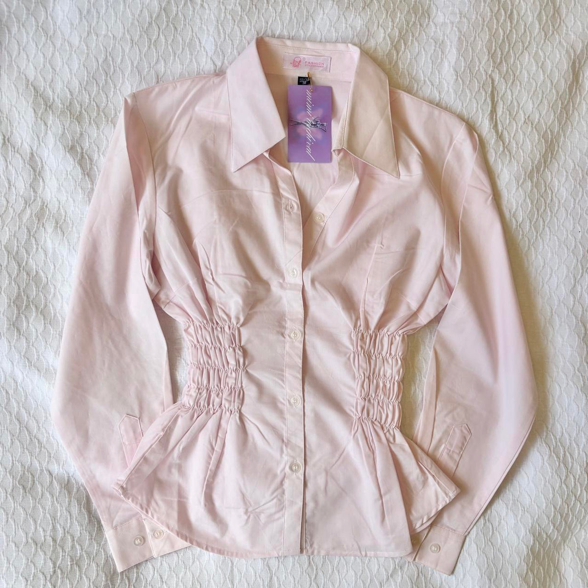 handmade reworked pink shirred long sleeve shirt