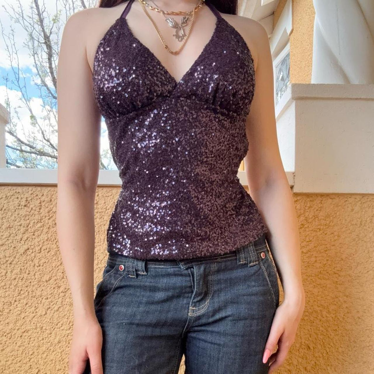 reworked y2k style sequin backless festival halter tank
