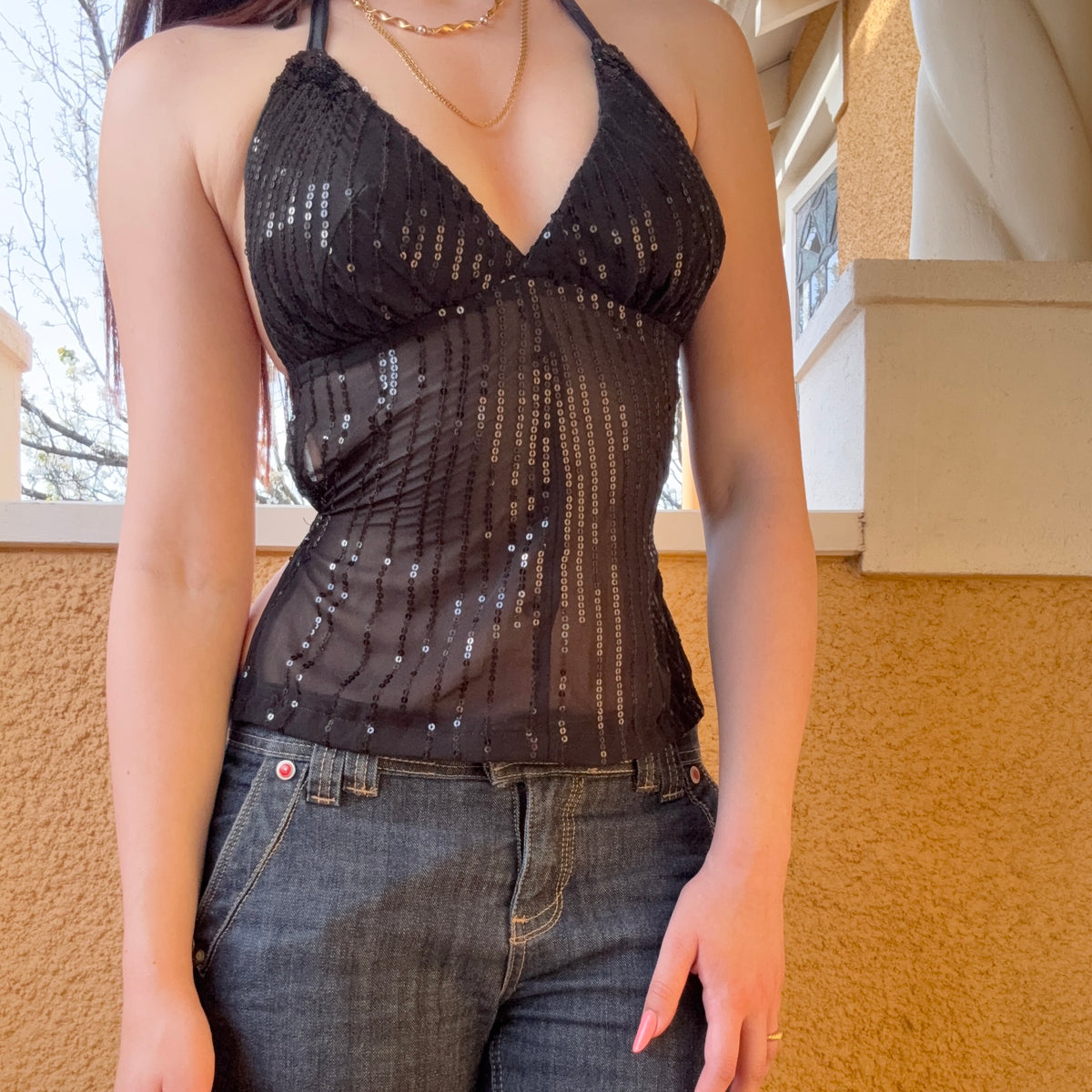reworked y2k style sequin backless festival halter tank