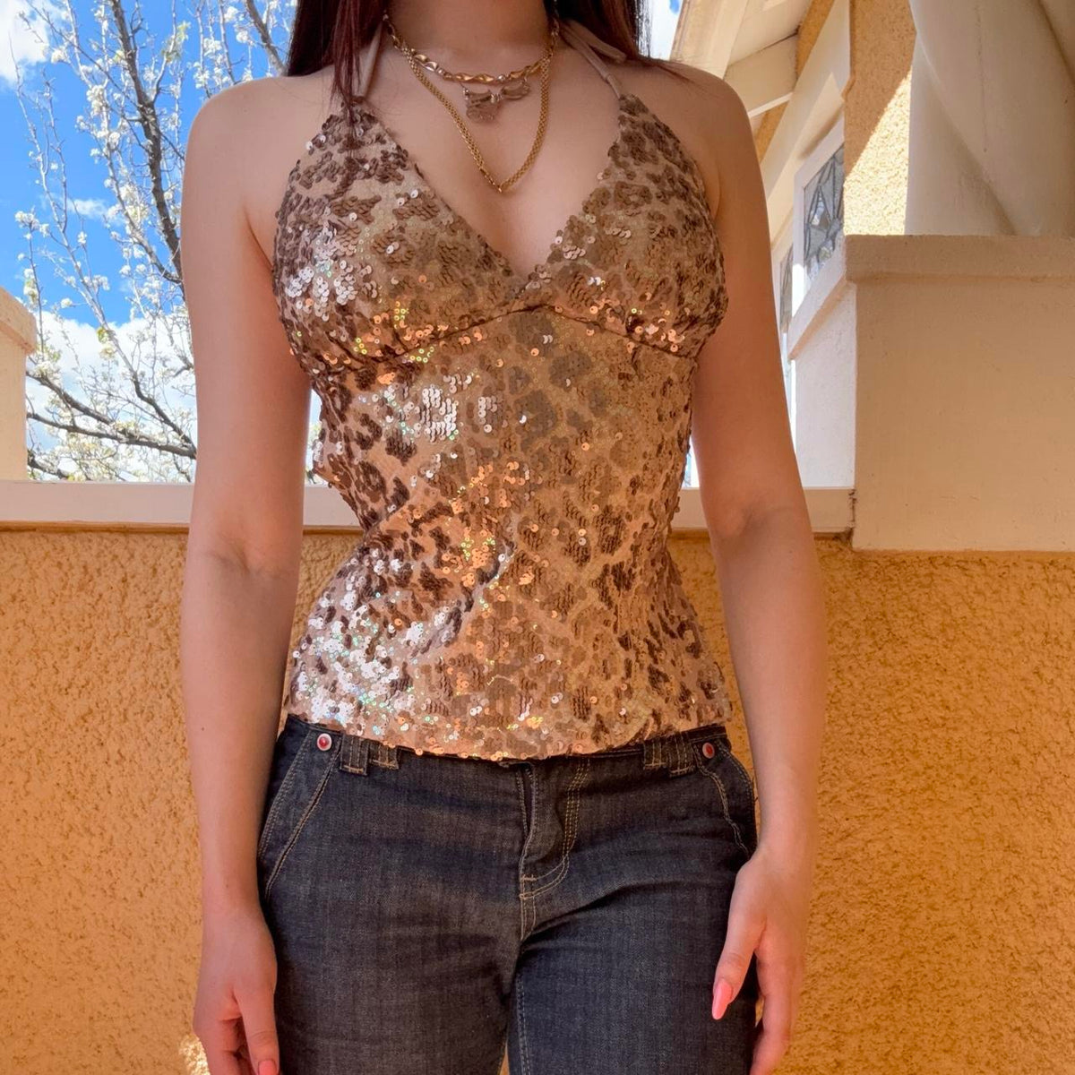 reworked y2k style sequin backless festival halter tank