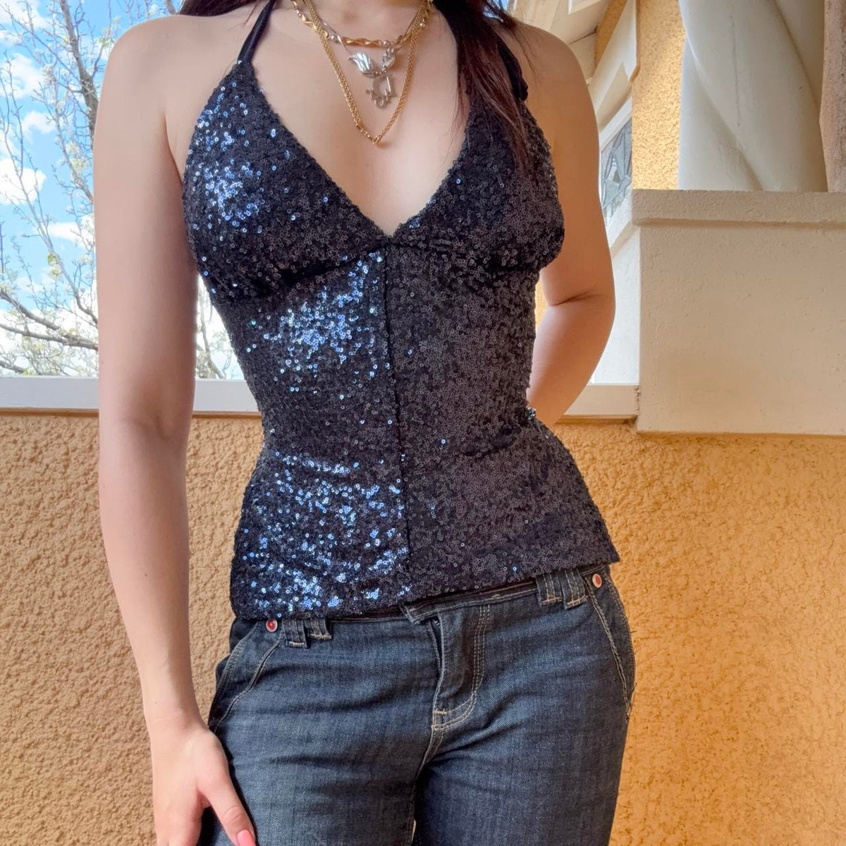 reworked y2k style sequin backless festival halter tank