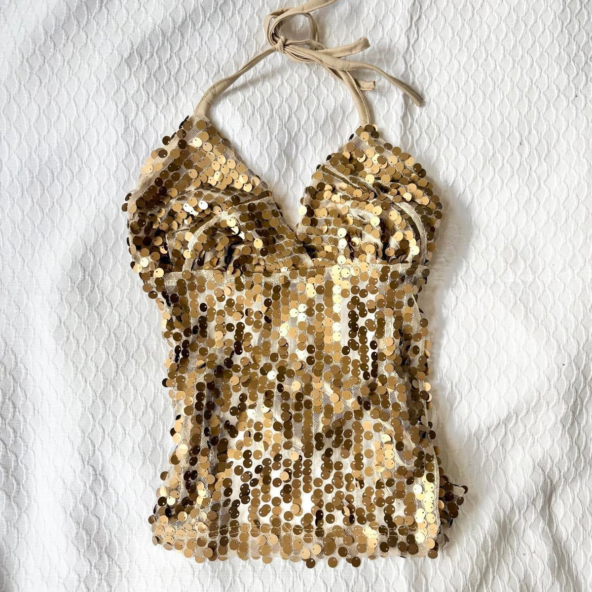 reworked y2k style sequin backless festival halter tank