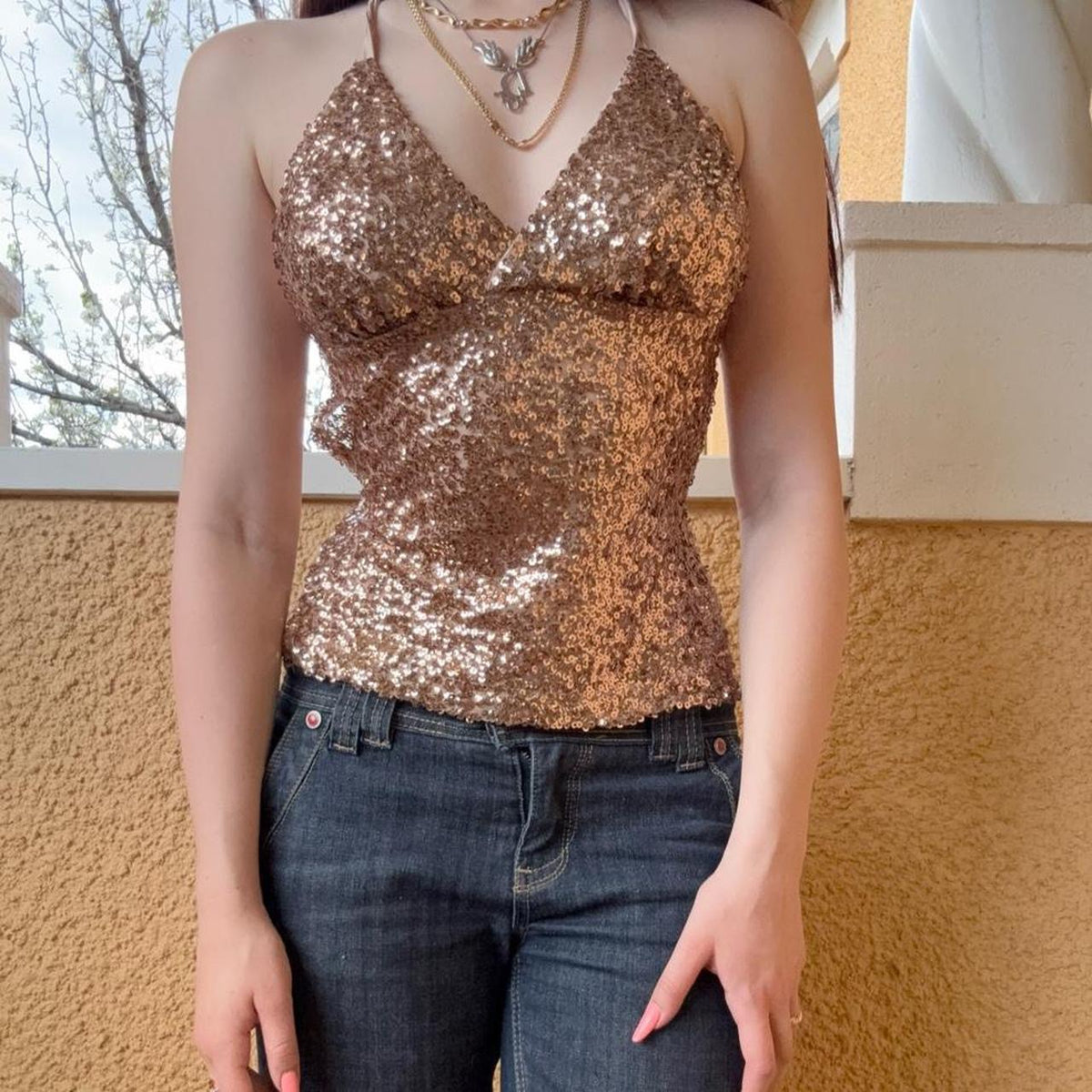reworked y2k style sequin backless festival halter tank