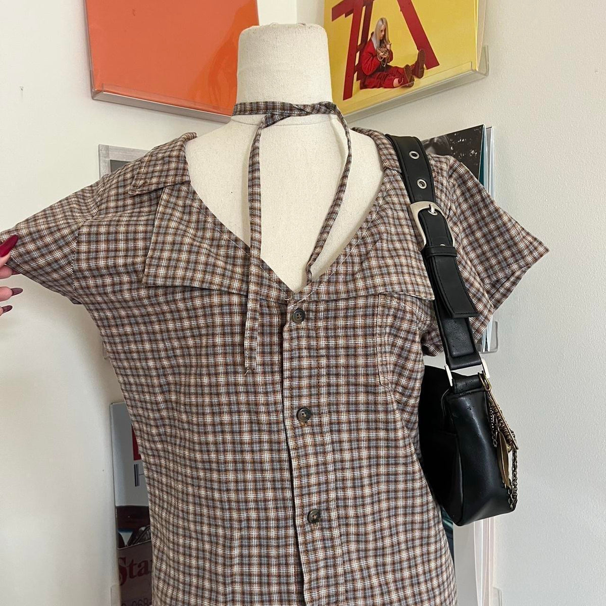 vintage handmade reworked brown plaid check collar shirt with neck tie