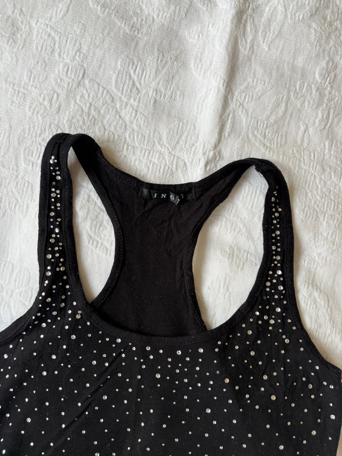 vintage 2000s y2k indie sleaze black diamanté tank