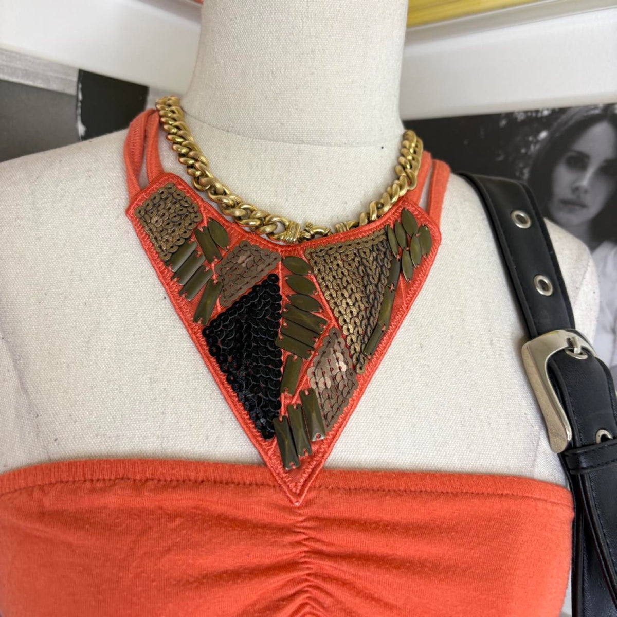 vintage 2000s y2k orange beaded halter neck