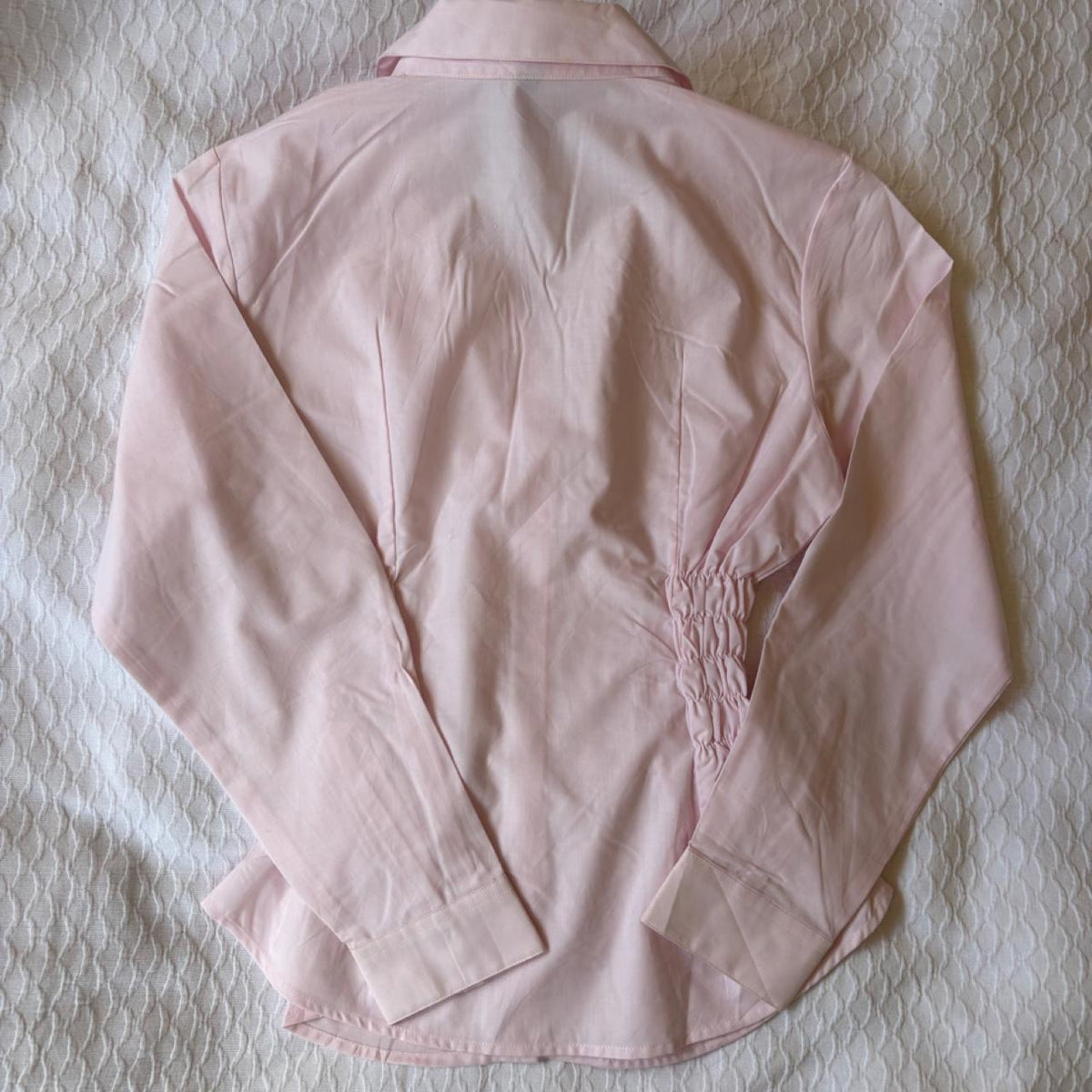 handmade reworked pink shirred long sleeve shirt