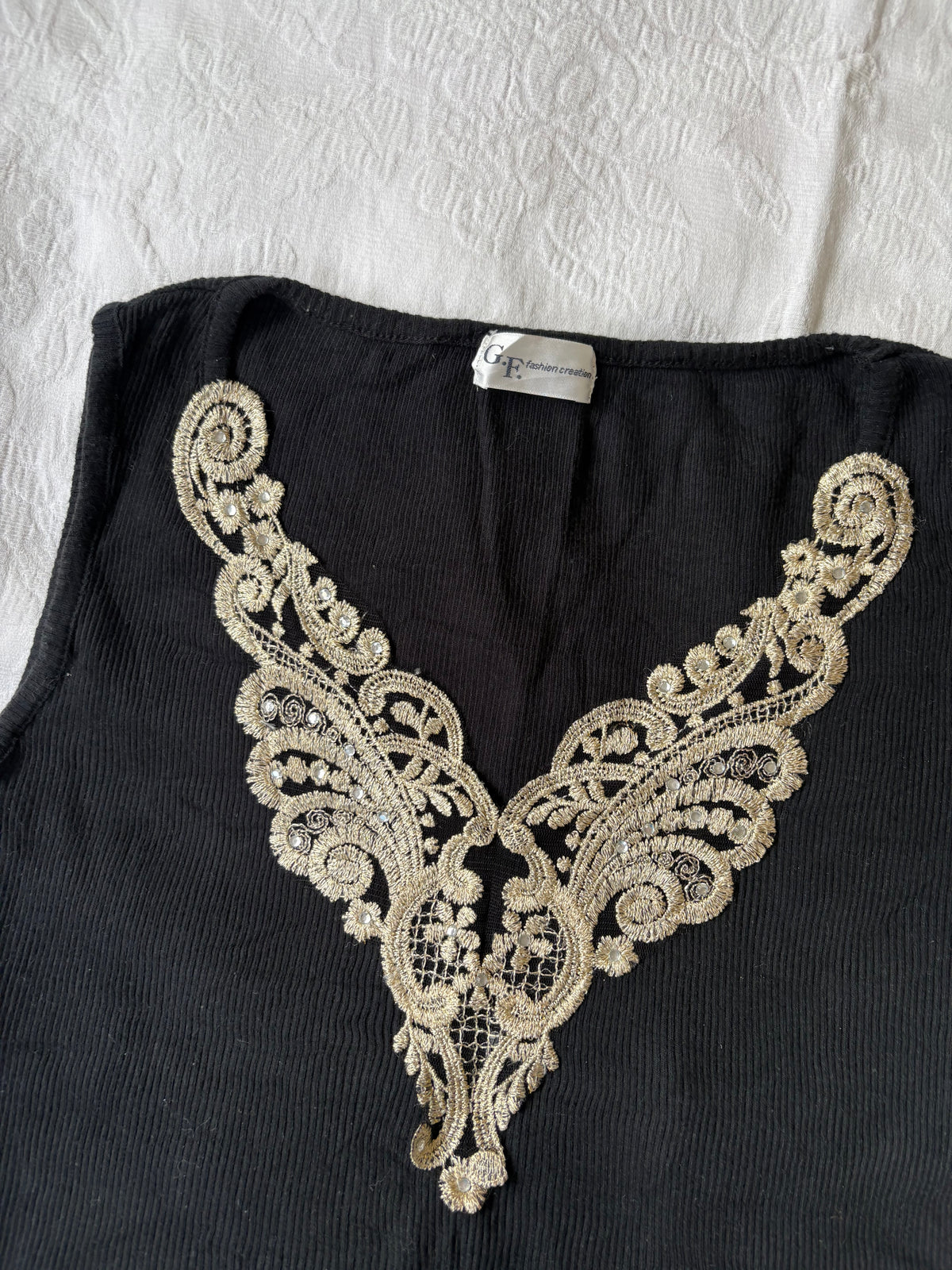 vintage 2000s y2k black gold embroidered tank