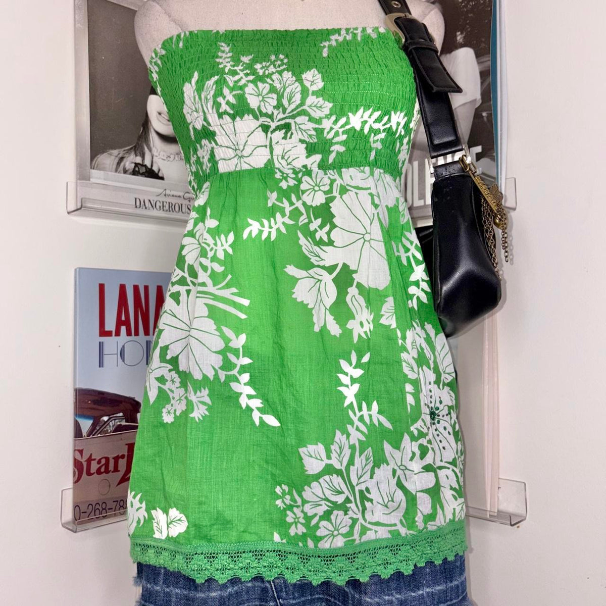 vintage 2000s y2k green floral strapless tube top
